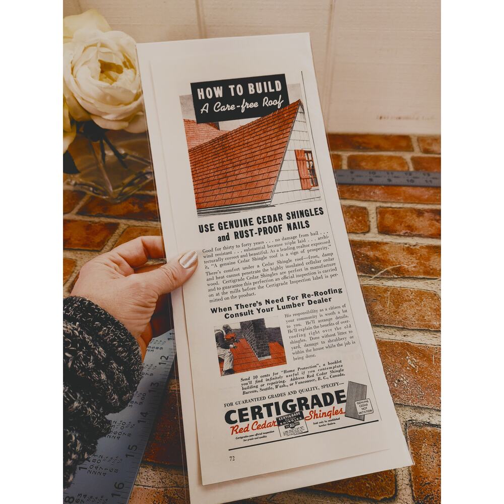 1940 Certigrade Red Cedar Shingles Vtg Print Ad‎ - How to Build a Carefree Roof